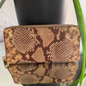 Michael Kors Jet Set Python Embossed Zip Around Wallet Brown Gold